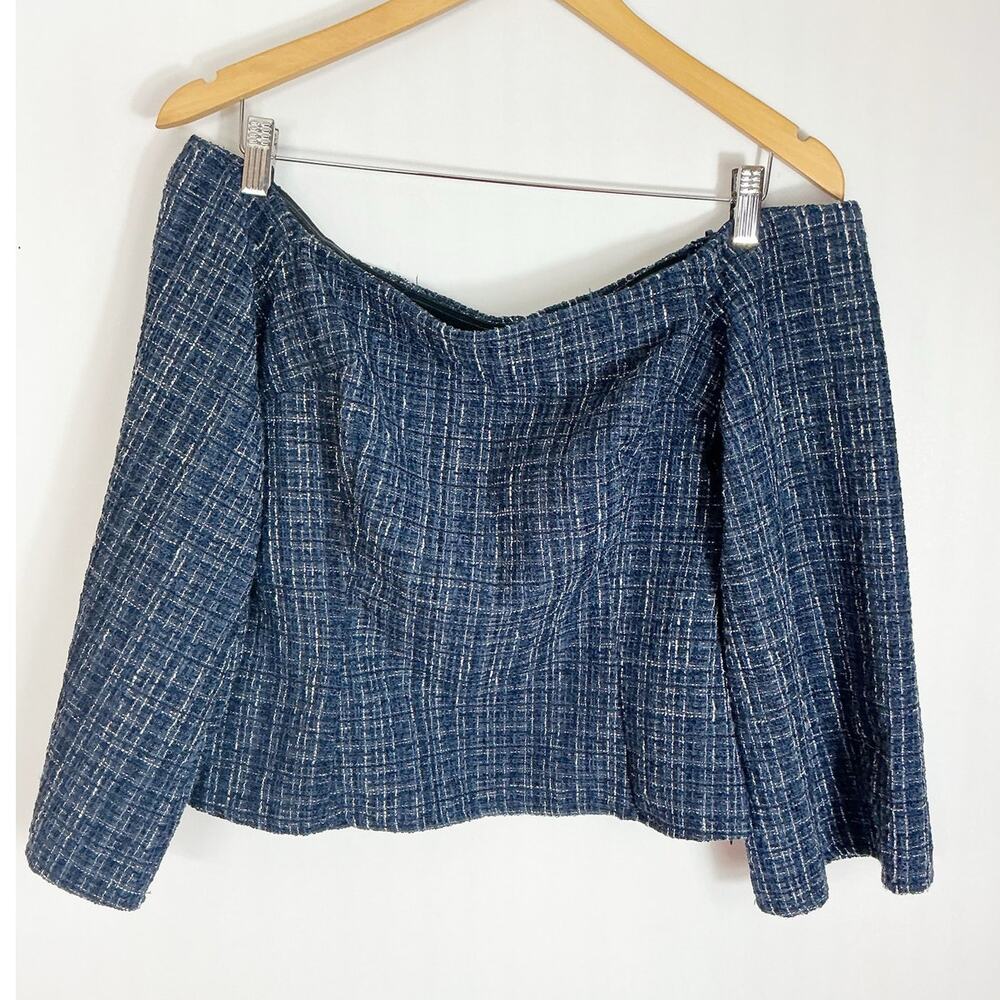 Zara Womens Off Shoulder Tweed Plain Shirt Navy Blue Size Medium